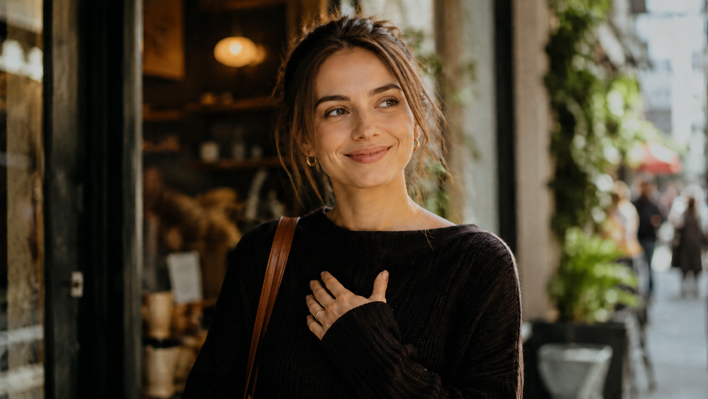 Woman smiling off camera outside a café, appearing touched and uplifted in a warm city street setting.