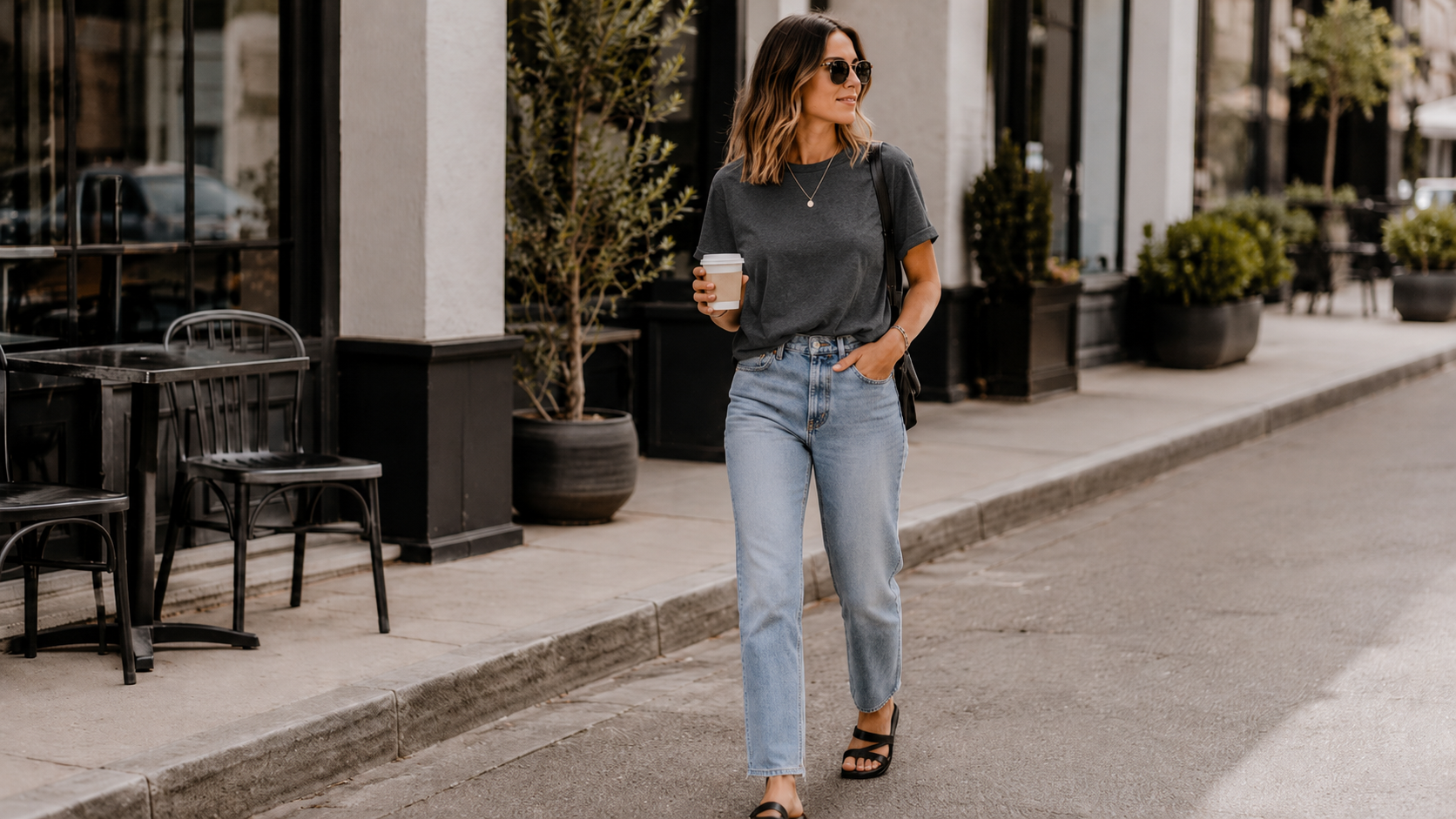 Woman in a charcoal gray T shirt and light blue jeans walking with coffee on a city street in a relaxed, modern outfit.