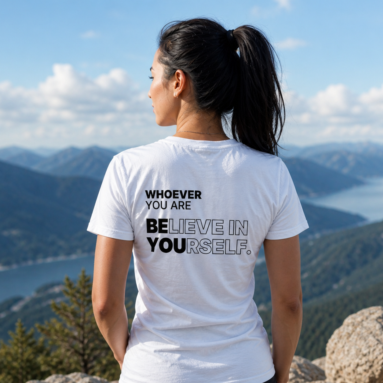 Person wearing a white Believe in Yourself motivational t-shirt outdoors with back print visible