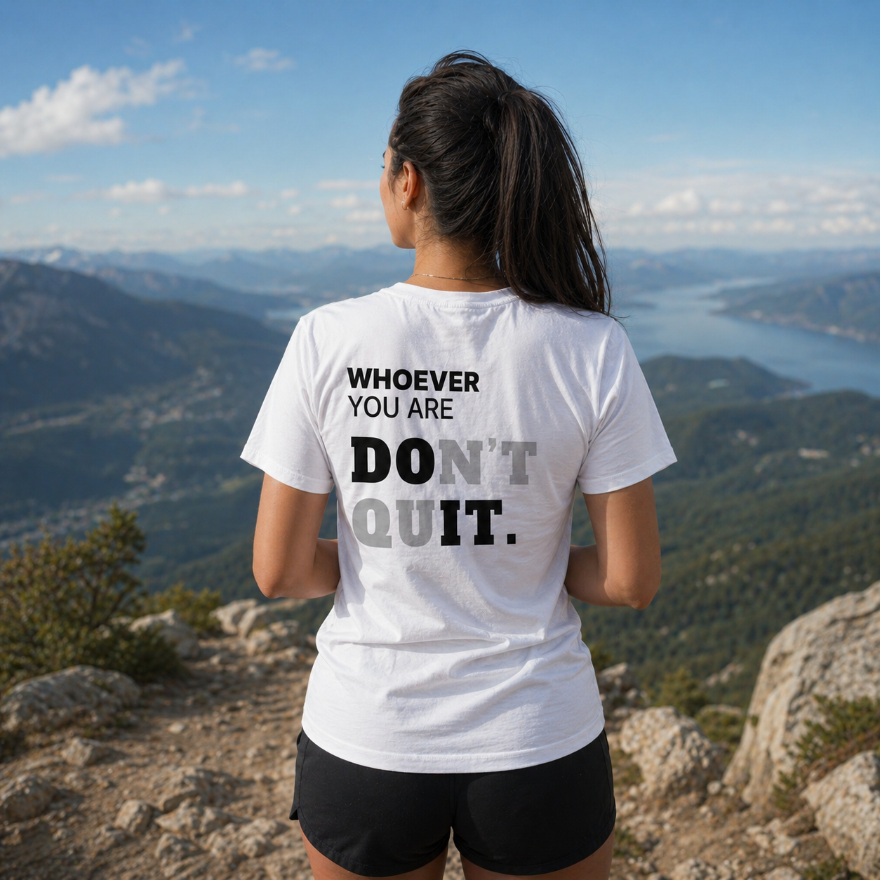 Person wearing a white Don’t Quit motivational t-shirt with back print on a mountain viewpoint