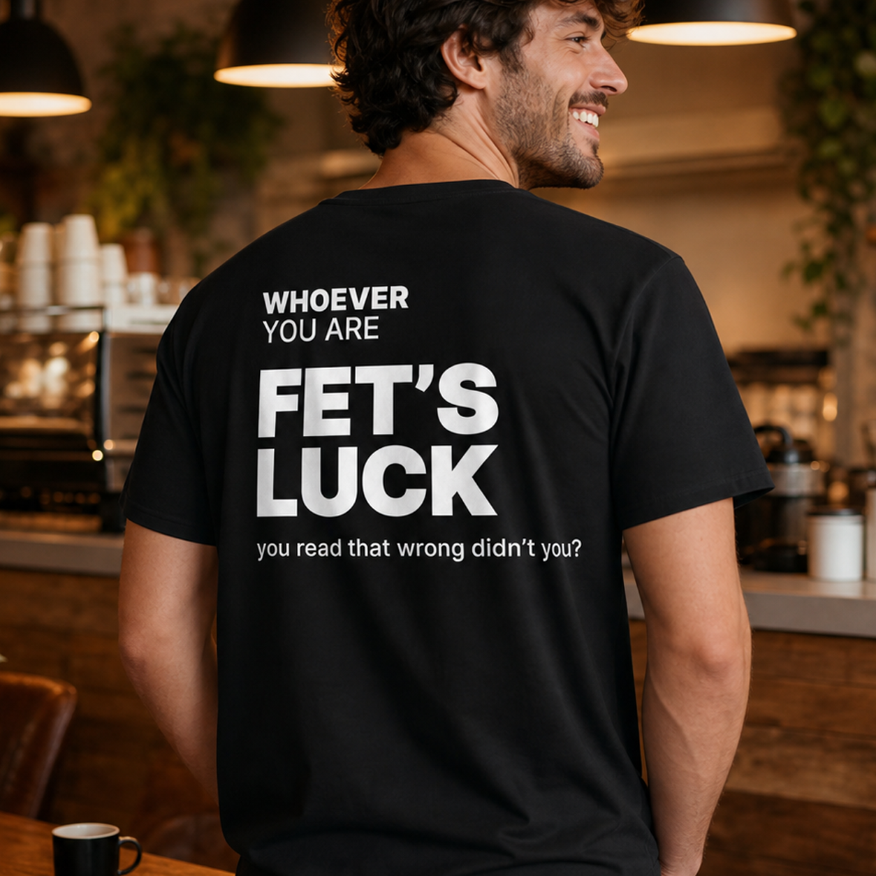 Person wearing a black Fet’s Luck funny t-shirt in a casual indoor setting
