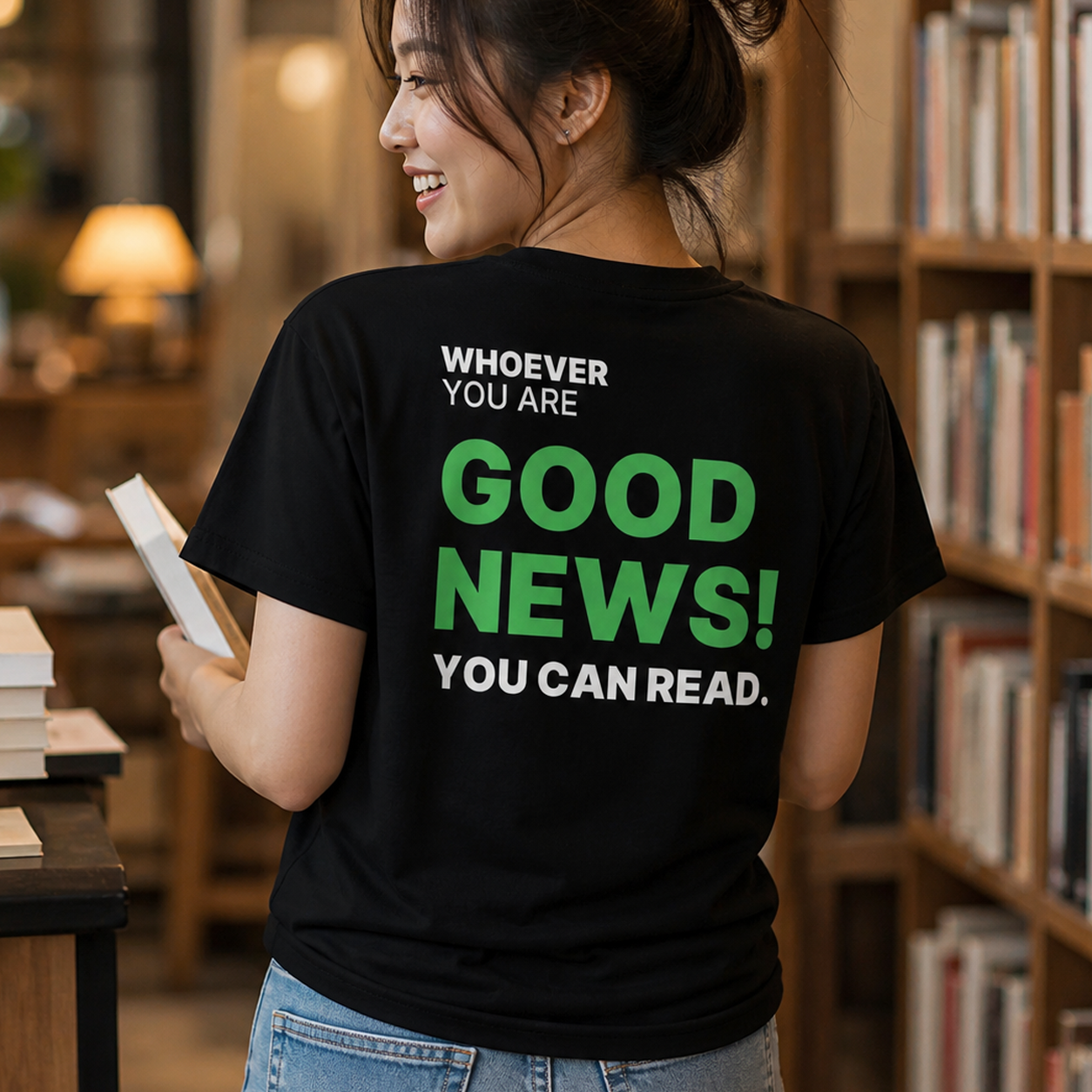 Person wearing a black Good News! You Can Read t-shirt while reading in an everyday setting