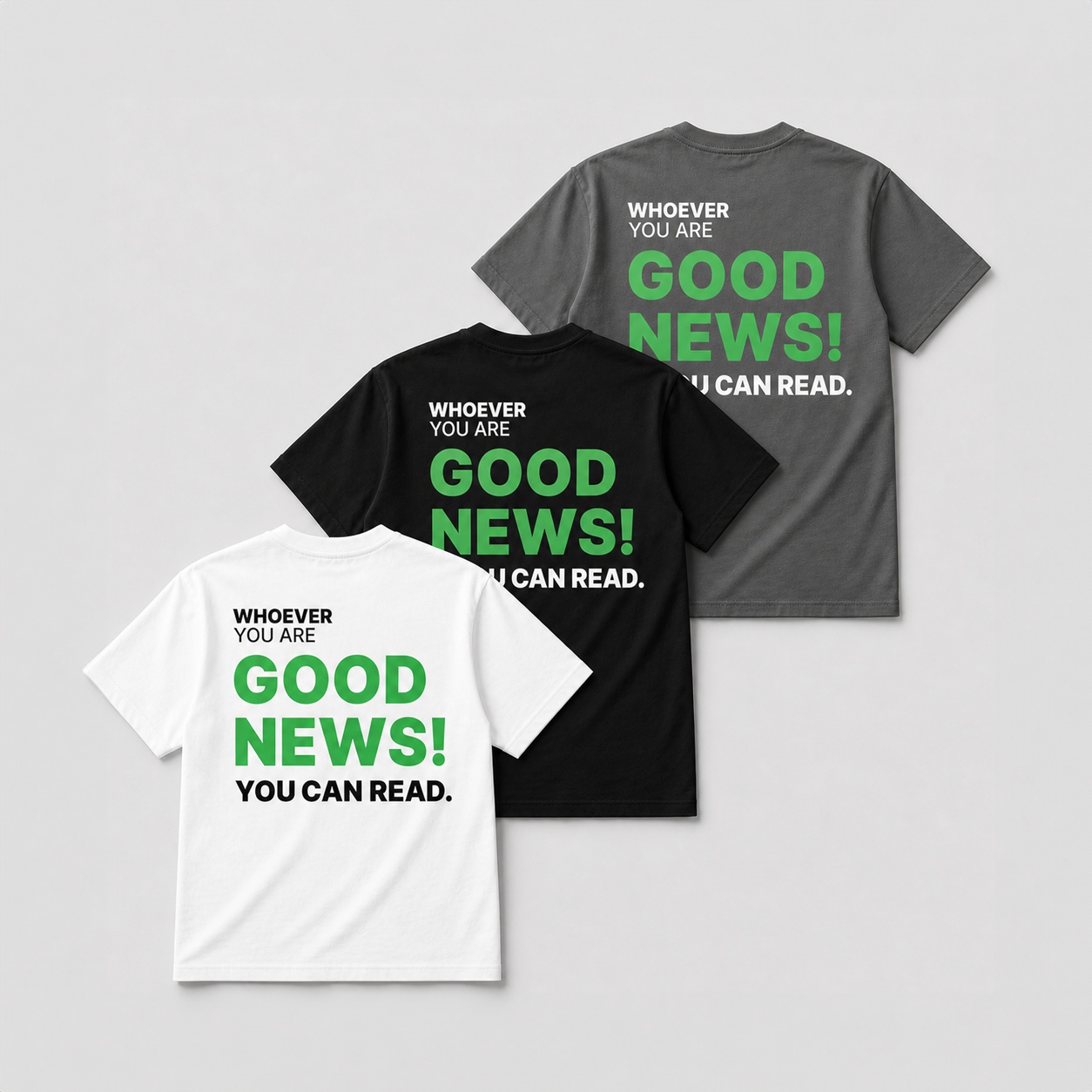 Good News! You Can Read t-shirt shown in white, black, and gray colour options