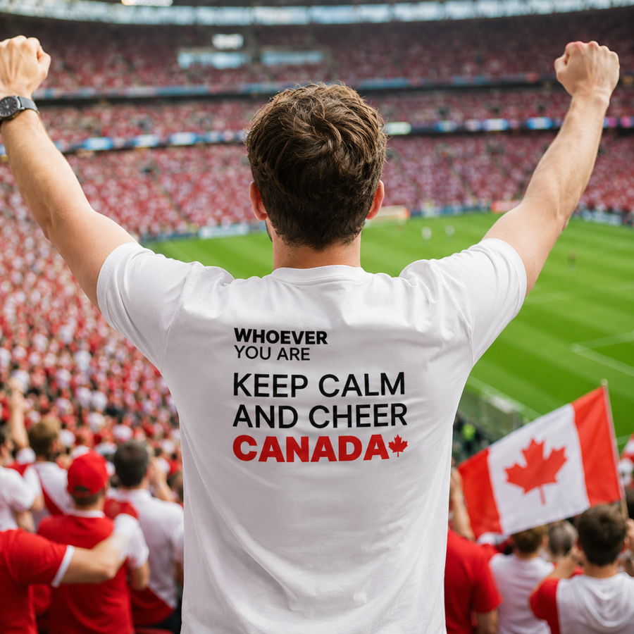 Person wearing a white Keep Calm And Cheer Canada t-shirt in a stadium with Canadian flags and back print visible