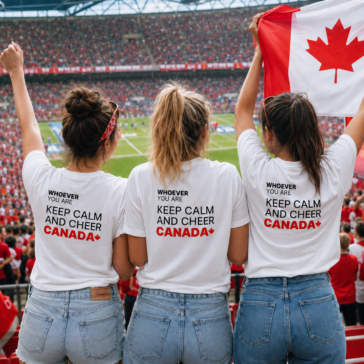 Three people wearing white Keep Calm And Cheer Canada t-shirts while cheering for Canada in a stadium