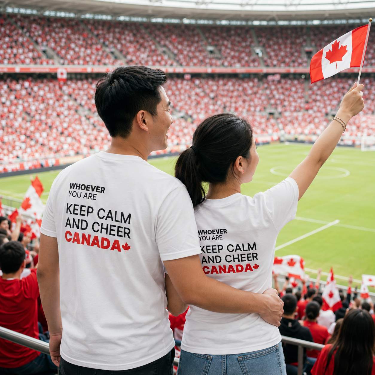 Couple wearing white Keep Calm And Cheer Canada t-shirts while supporting Canada at a game
