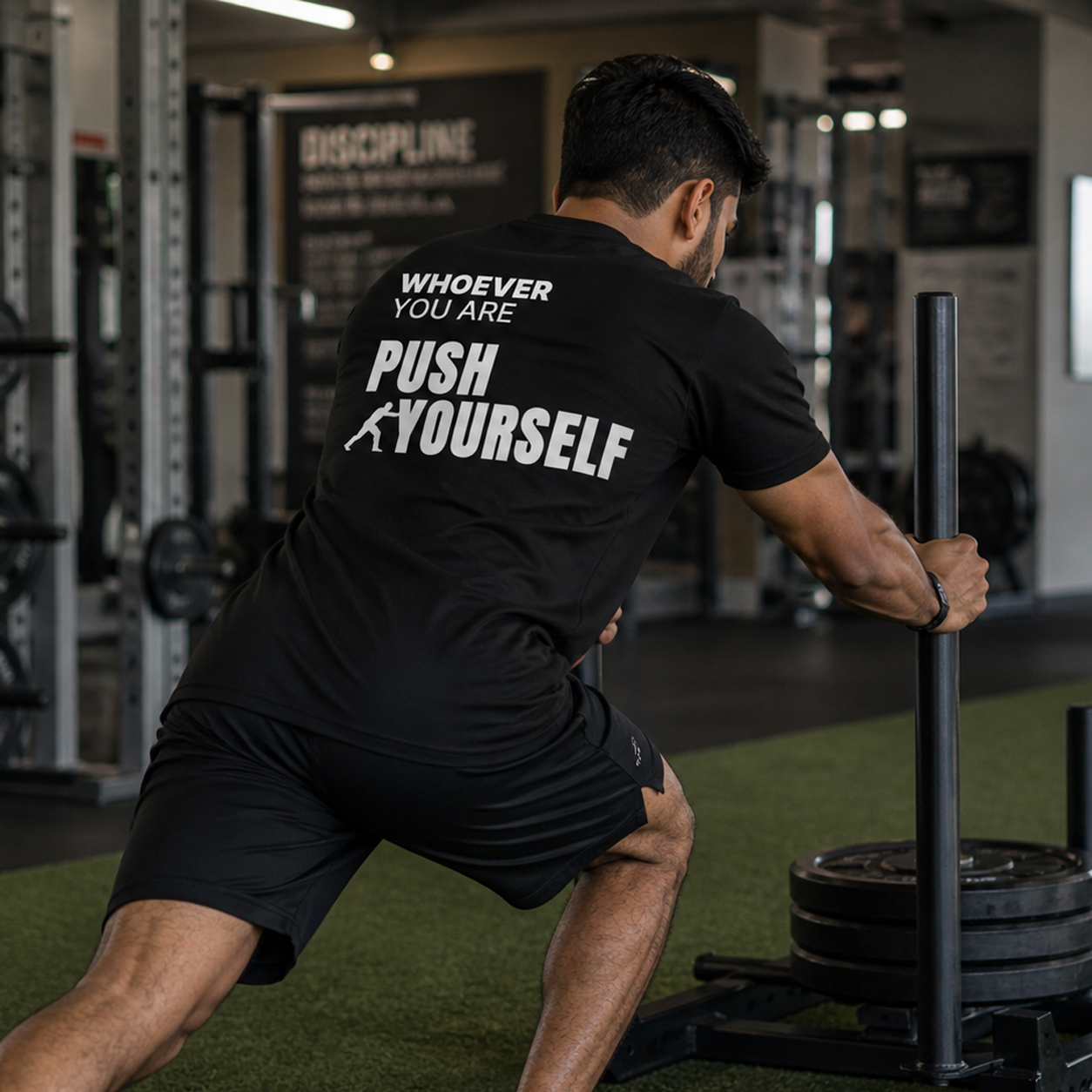Person wearing a black Push Yourself motivational t-shirt during a gym workout