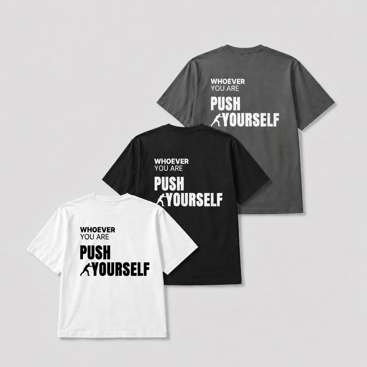 Push Yourself t-shirt shown in white, black, and gray colour options
