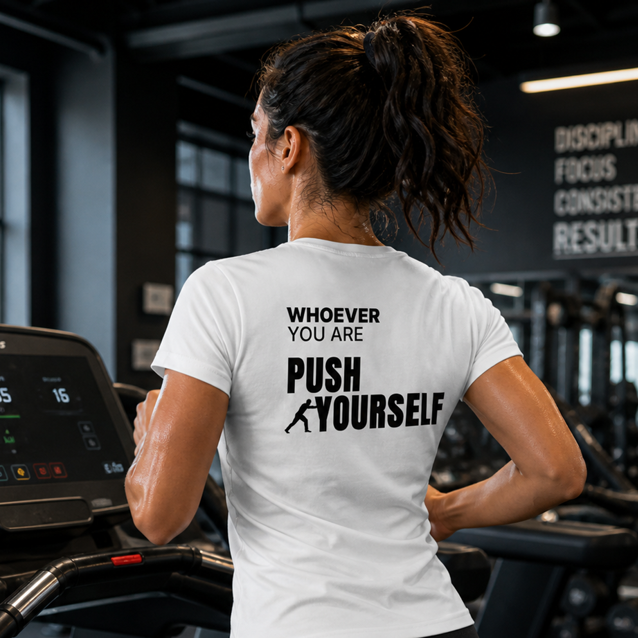 Person wearing a white Push Yourself motivational t-shirt in a gym setting with back print visible