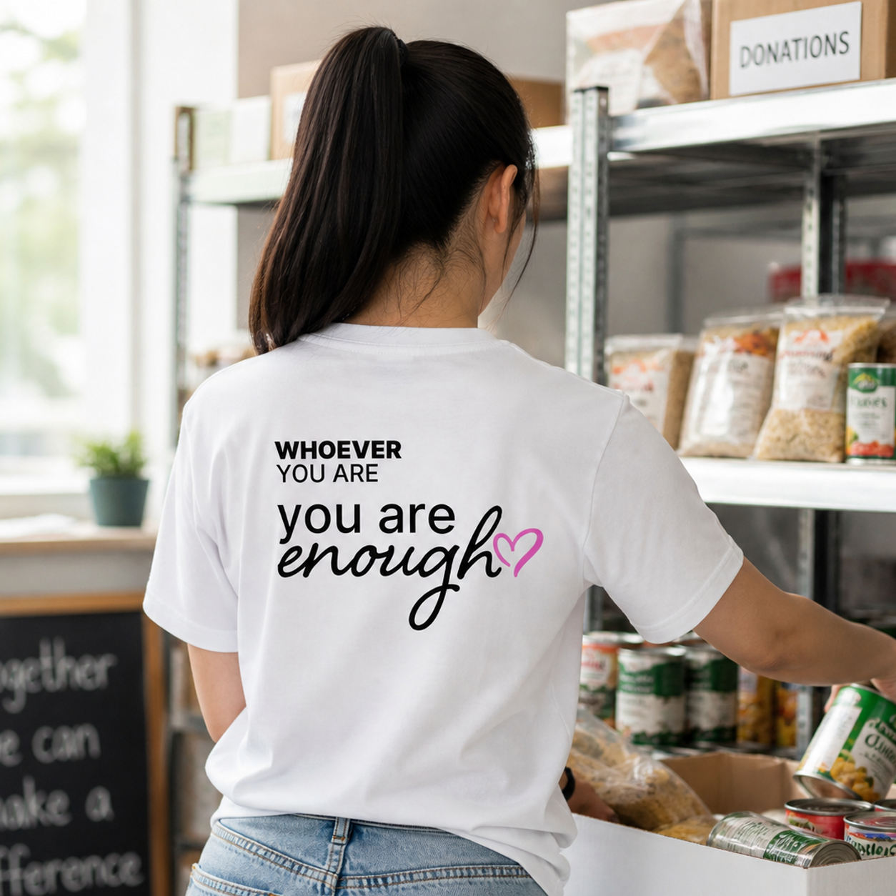 Person wearing a white You Are Enough t-shirt in an everyday setting with back print visible