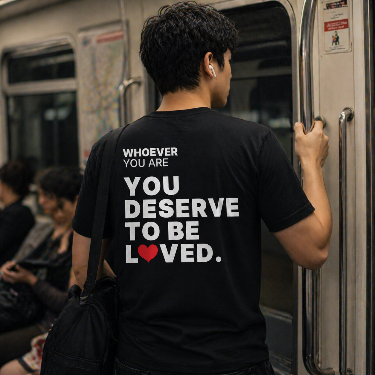 Person wearing a black You Deserve to Be Loved t-shirt in an everyday public setting
