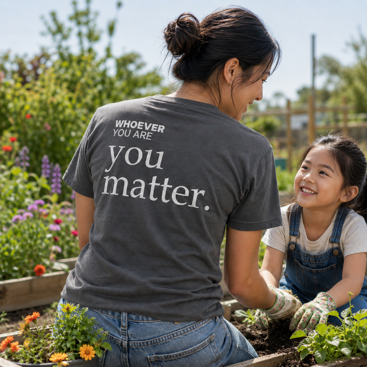 Person wearing a gray You Matter kindness t-shirt in an outdoor setting