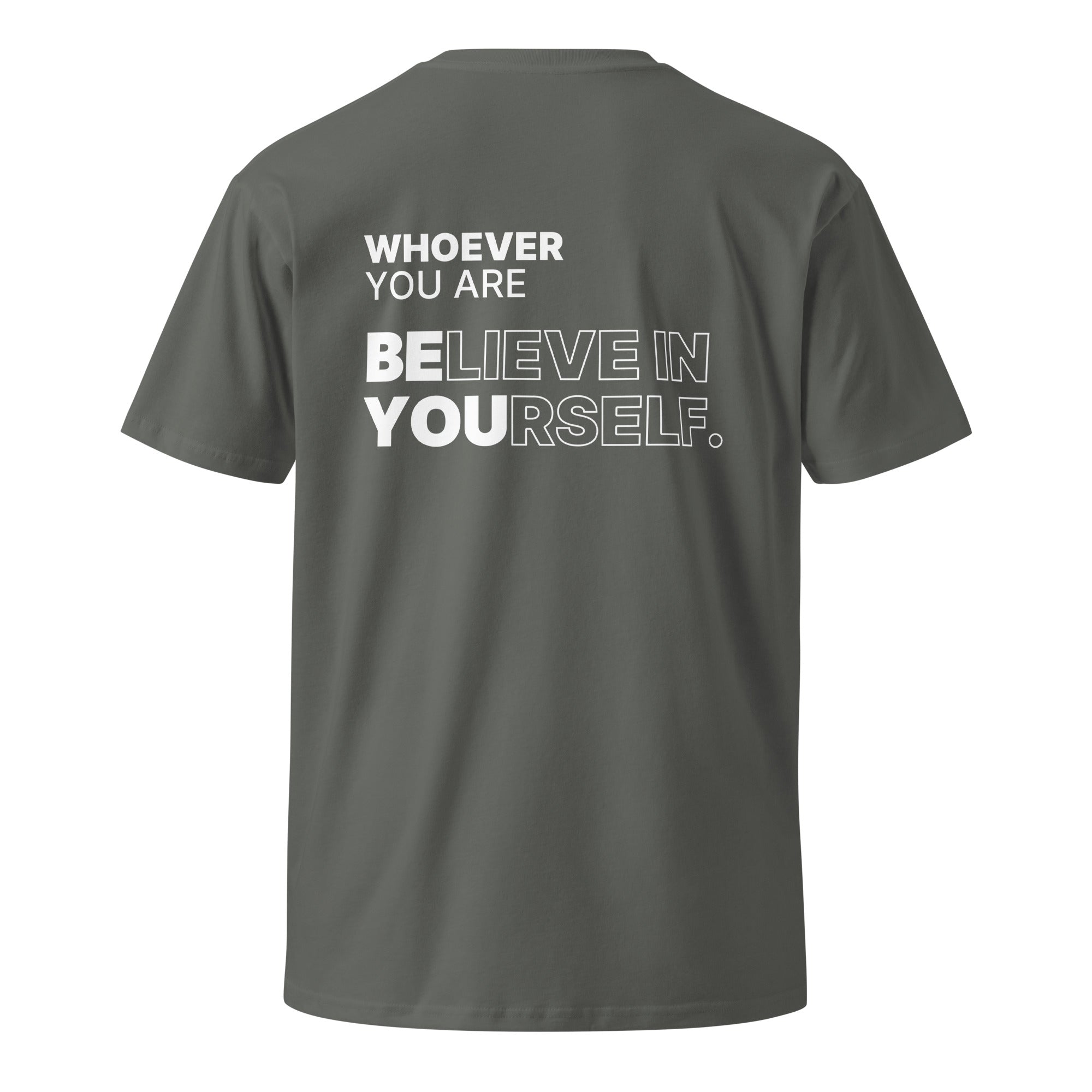 Gray Believe in Yourself motivational t-shirt with meaningful back print