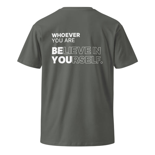 Gray Believe in Yourself motivational t-shirt with meaningful back print