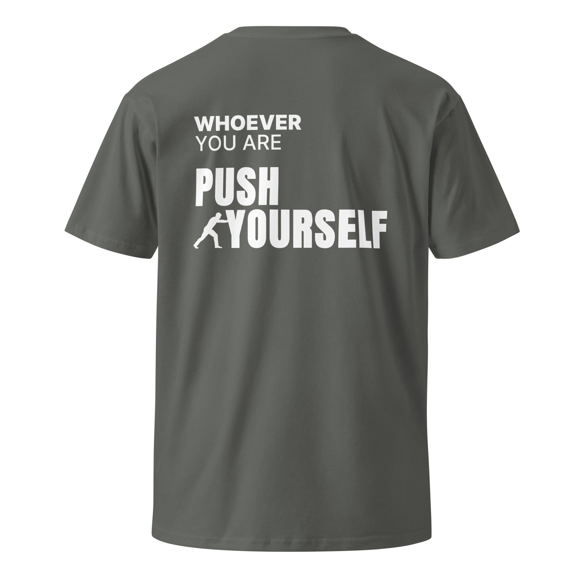 Gray Push Yourself motivational t-shirt with meaningful back print