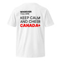 White Keep Calm And Cheer Canada t-shirt with bold Canada back print